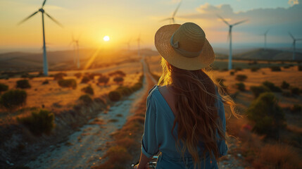 a beautiful woman wearing a sunhat is riding a bicycle with on the banground windmill turbines in the Netherlands at sunset - obrazy, fototapety, plakaty