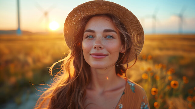 a beautiful woman wearing a sunhat is riding a bicycle with on the banground windmill turbines in the Netherlands at sunset