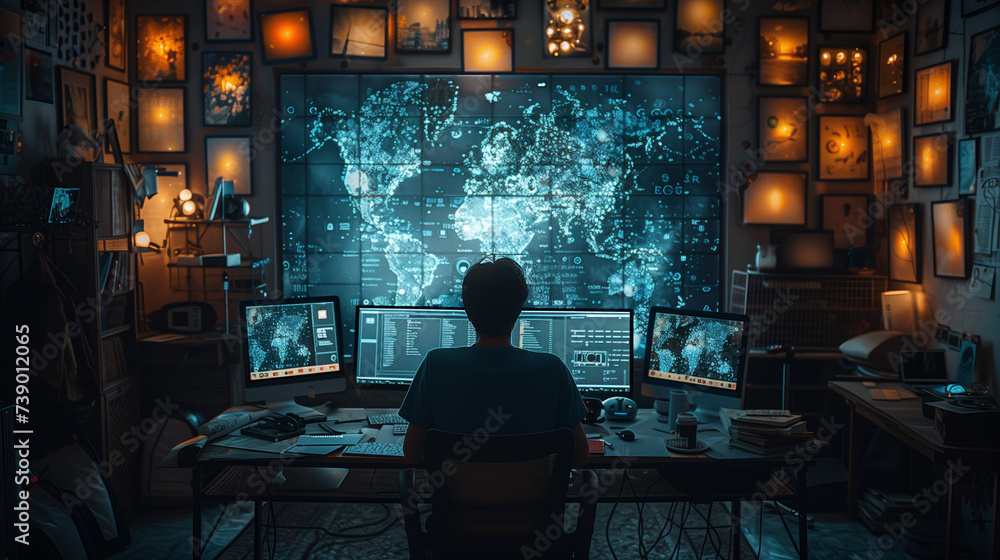 Poster businessman using computer devices with internet global network technology and big data, ai