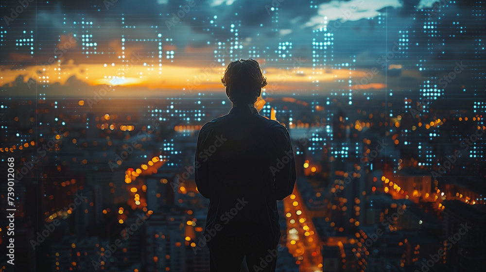 Poster businessman using computer devices with internet global network technology and big data, ai, men sta