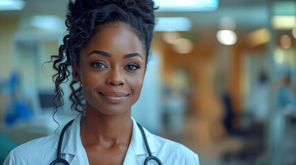 Happy Black Woman Doctor smiling in the clinic office and looking into the camera, doctor at hospital - obrazy, fototapety, plakaty