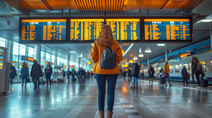 rearview of a woman at airport checking flight schedules. Backpack person at the airport looking at arrivel and depature screen, airport concept or train commuter