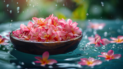 pink frangipani flower in water, Songkran holiday background Thailand New Year in April