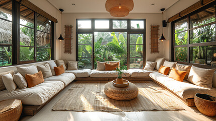  A living room with bright fresh colors in Bali style, a minimal style home in Asia with big windows, modern villa with big sofa