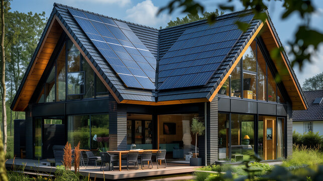 Newly build houses with solar panels attached on the roof against a sunny sky Close up of new vil building with black solar panels. Zonnepanelen, Zonne energie, Translation: Solar panel, , Sun Energy	