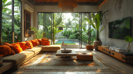 A living room with bright fresh colors in Bali style, minimal style home in Asia, home with small pool