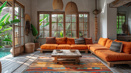 A living room with bright fresh colors in Bali style, minimal style home in Asia, orange sofa and...