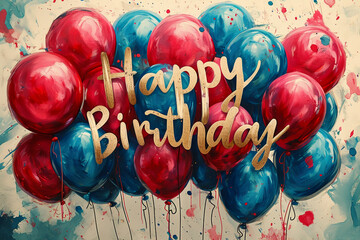 Colorful balloons and festive "Happy Birthday" text create a cheerful illustration, perfect for celebratory occasions and joyful moments