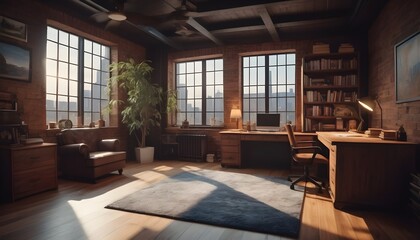 Fototapeta na wymiar old, lofty, classic, wooden study room with windows and sunlight