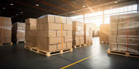 Inner Warehouse Storage: Organized, Efficient, and Industrious Environment with Pallets, Boxes, and Equipment.