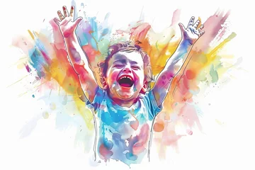Fotobehang Dynamic illustration of a toddler celebrating with arms raised Capturing expressions of joy and excitement © Jelena