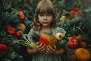 Fototapeta na wymiar Girl holding a pumpkin and other vegetables
