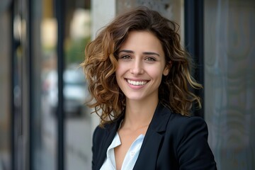Obraz premium Stylish and confident business woman portrait Showcasing a modern professional with a bright and attractive smile Representing success and leadership