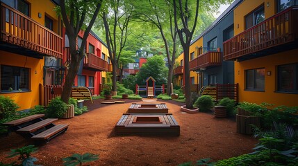 Generative AI : Playground for children in courtyard of residential building