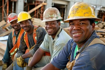 Group of construction workers in high spirits Showcasing teamwork and dedication on the construction site