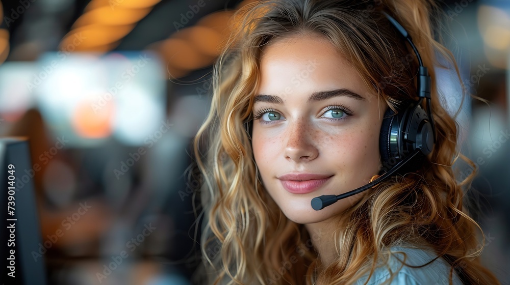 Poster generative ai : close up portrait of a joyful technical customer support specialist talking on a hea