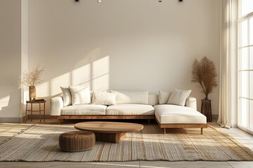 Elegant living room mockup with a scandinavian design sofa Minimalist decor And soft natural lighting Perfect for interior design presentations.