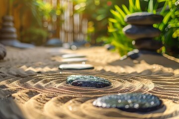 Peaceful zen garden with raked sand Smooth stones And minimalistic greenery Embodying tranquility and meditation space