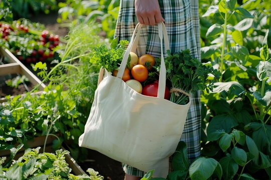 Hand holding an eco-friendly fabric tote bag with organic produce from a sustainable farm
