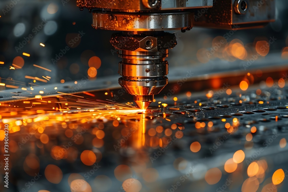 Poster Generative AI : Macro CNC laser machine cutting sheet metal with light spark.
