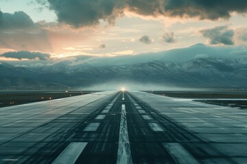 Runway leading towards mountains under a sunset sky