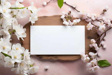 cherry blossom on wooden background, Mockup greeting cards with top view flat lay on a textile background styled stock photo