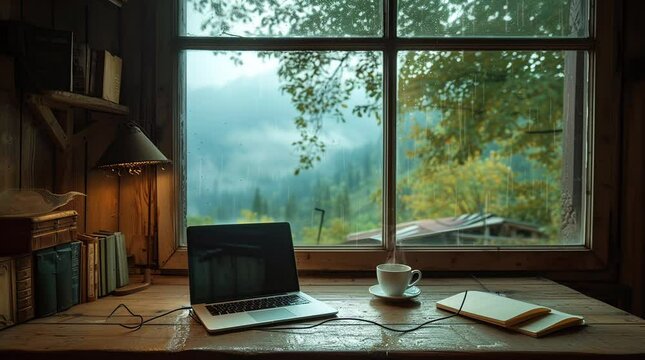 Coffee and Laptop by Window: Captivating Valley Forest View Seamless looping 4k time-lapse virtual video animation background. Generated AI