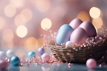 Fototapeta na wymiar easter eggs in a basket, Egg Hunt Elegance Easter Wallpaper Photos