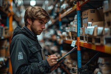 Generative AI : factory worker holding a clipboard and looking at shelf in warehouse storage - obrazy, fototapety, plakaty