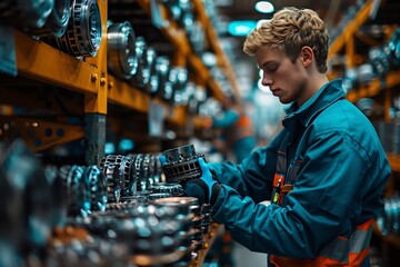 Generative AI : Group of worker Packing small parts in boxes after inspecting the car parts 
