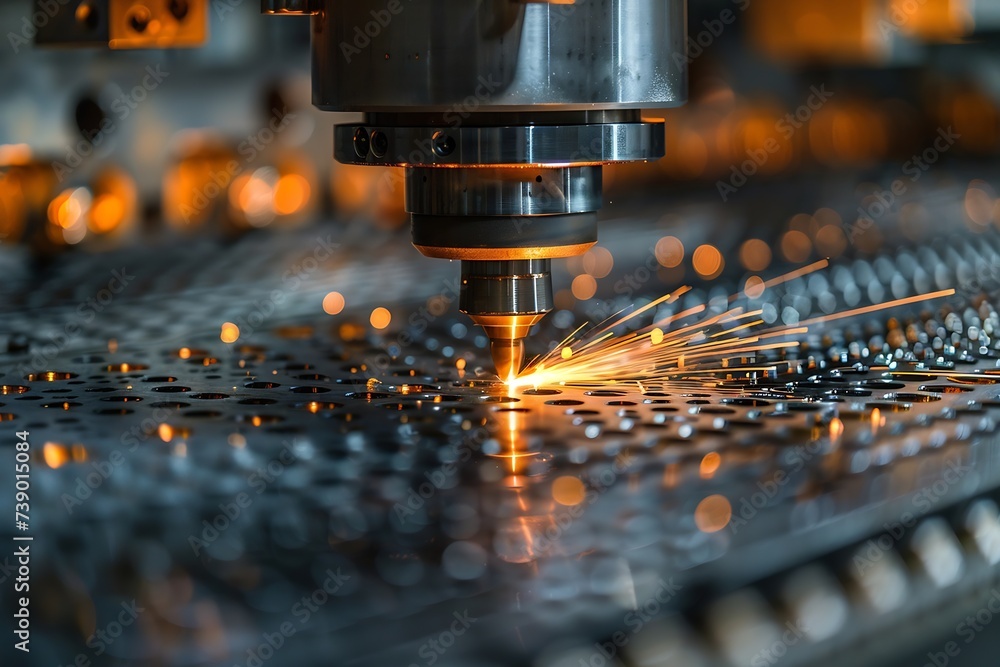 Poster generative ai : macro cnc laser machine cutting sheet metal with light spark.