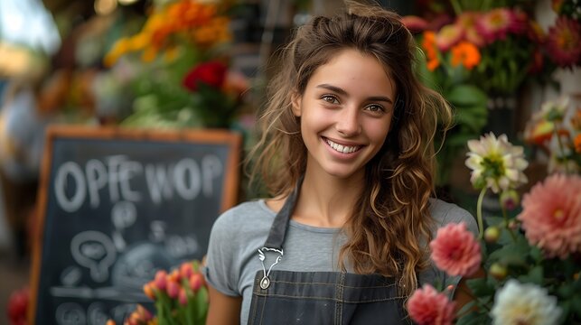 Generative AI : Woman inviting to her flower shop. Beautiful smiling young florist in apron holding open sign.  - Powered by Adobe