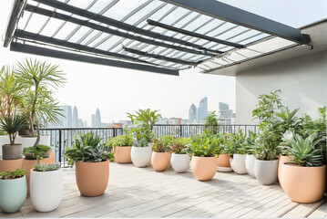 Leisure balcony platform filled with plants in an urban building