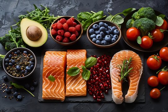Generative AI : Balanced diet food background. Selection of various paleo diet products for healthy nutrition