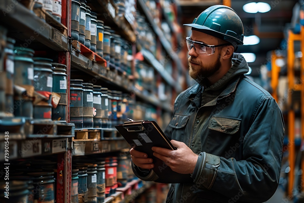 Poster generative ai : factory worker holding a clipboard and looking at shelf in warehouse storage