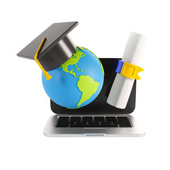 3D Illustration of Global Online Education with Graduation Elements