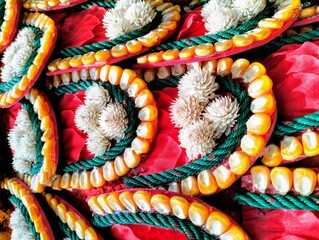 In the picture, orange corn seeds, green string, and white amaranth flowers are decorated into a very beautiful pattern.