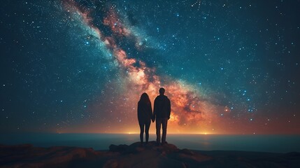 Generative AI : Silhouette of two young hikers were standing at the top of the mountain looking at the stars and Milky Way 