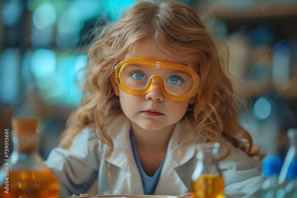 Aufkleber Generative AI : child making science experiments. Education.