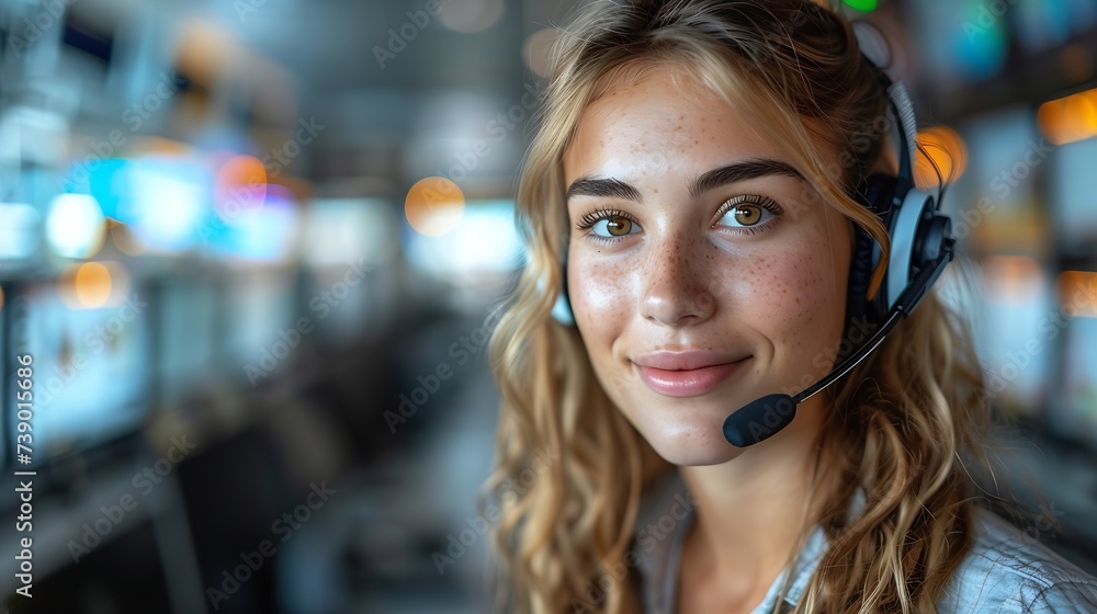 Poster generative ai : close up portrait of a joyful technical customer support specialist talking on a hea