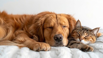 Generative AI : golden retriever puppy dog hugging british cat. isolated on white background