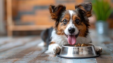 Generative AI : hungry jack russell dog behind food bowl and licking with tongue