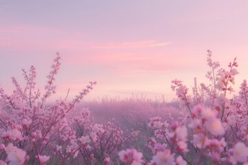 A blooming cherry blossom orchard under a pastel-coloured dawn sky. - obrazy, fototapety, plakaty