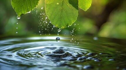 Naklejka na ściany i meble Nature's Rhythm: Water Droplets Dancing from a Verdant Leaf