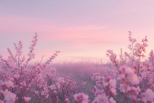 A blooming cherry blossom orchard under a pastel-coloured dawn sky.