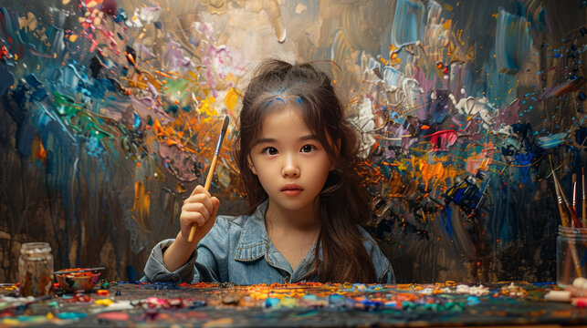 Talented little cute girl Artist Energetically and Violently Using Paint Brush he Creates Modern Masterpiece of the Oil Painting. generative ai