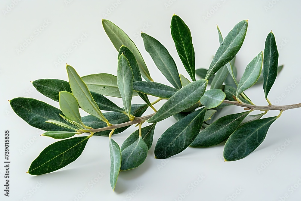 Poster generative ai : two fresh olive branch leaves isolated on white background closeup