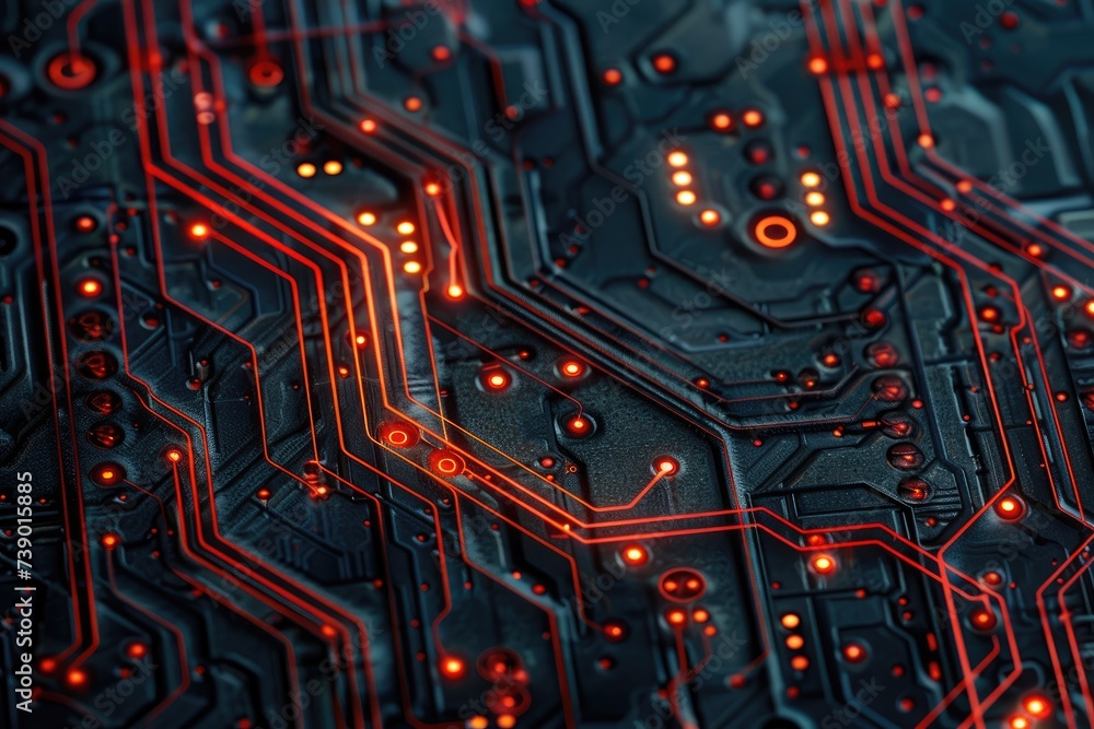 Poster a close-up of electronic circuits and wires, representing a technological maze
