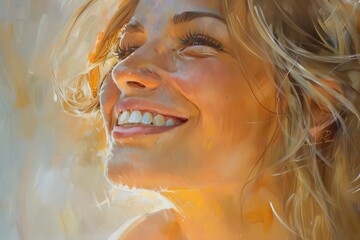 A captivating smile lights up a woman's graceful face.