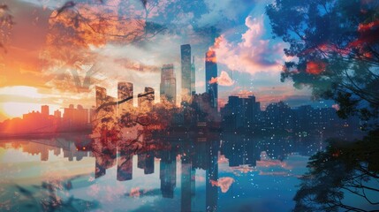 A city skyline blends with a tranquil sunset in double exposure.